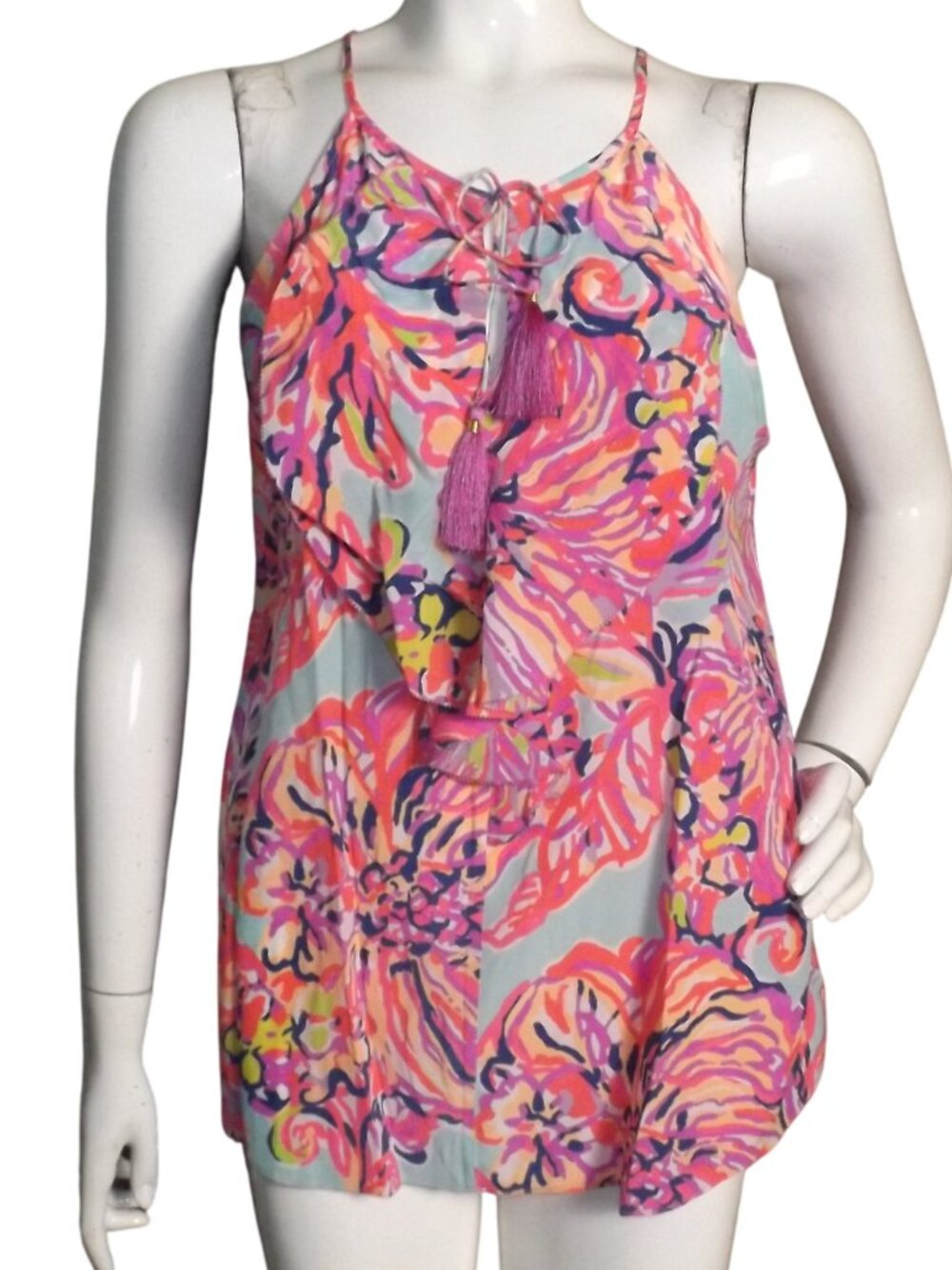 LILLY PULITZER Silk Camisole/Tank, L, Multicolor swirls, Tie front, tassels Top